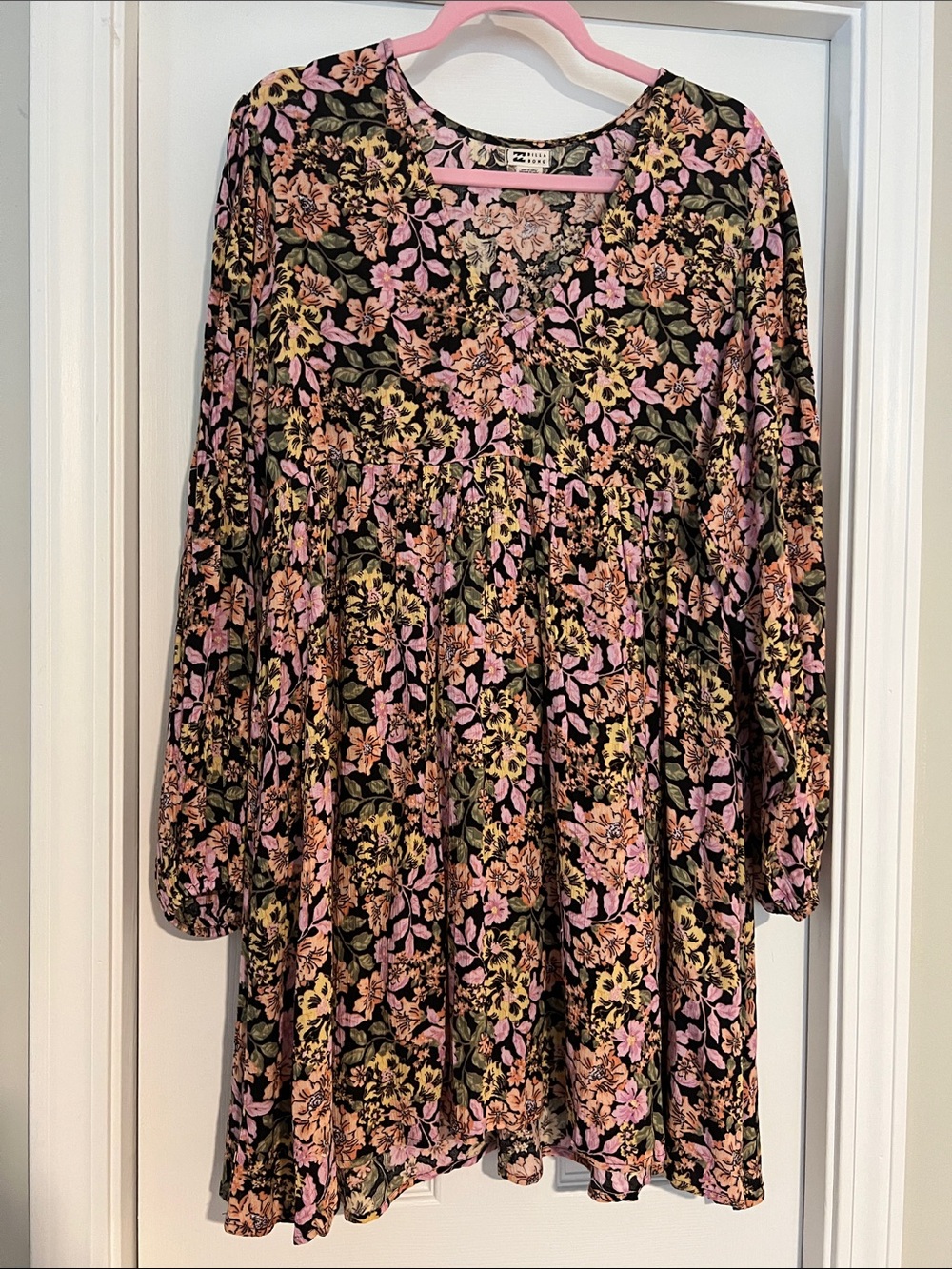 Billabong Black Floral Babydoll Dress with Pink & Green Accents